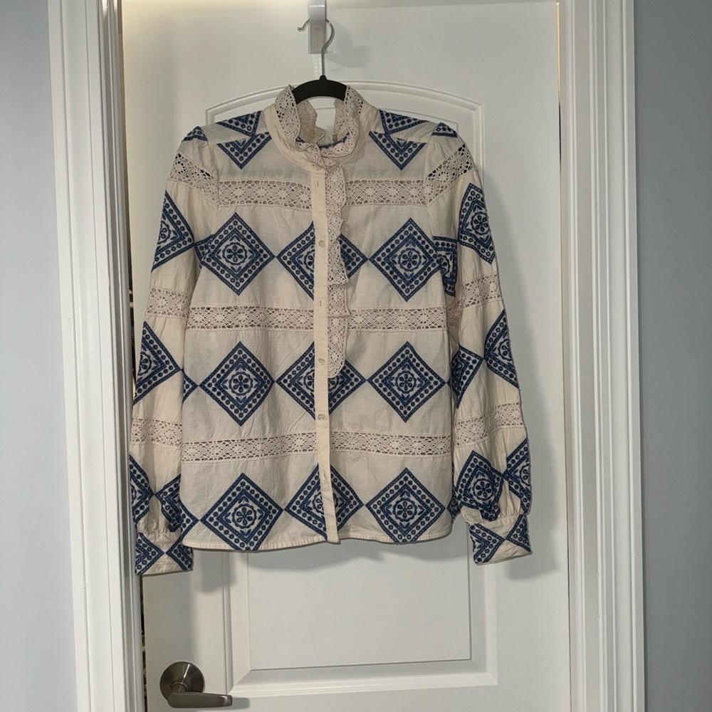 Sezane Chlo Shirt Blue Diamonds - Size 8